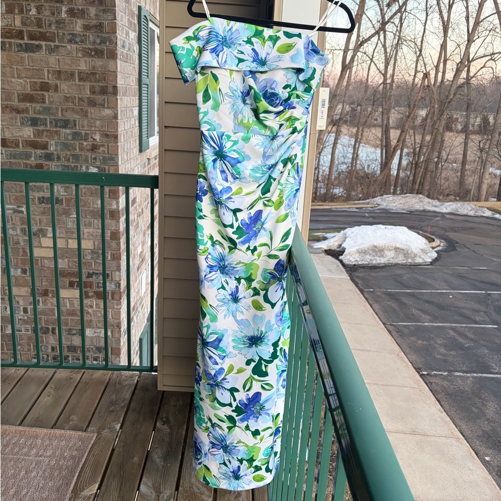🆕🩵💙💚Eliza J Blue & Green Floral Off-Shoulder Mermaid Gown Size 4,6 Prom Formal - Picture 4 of 17
